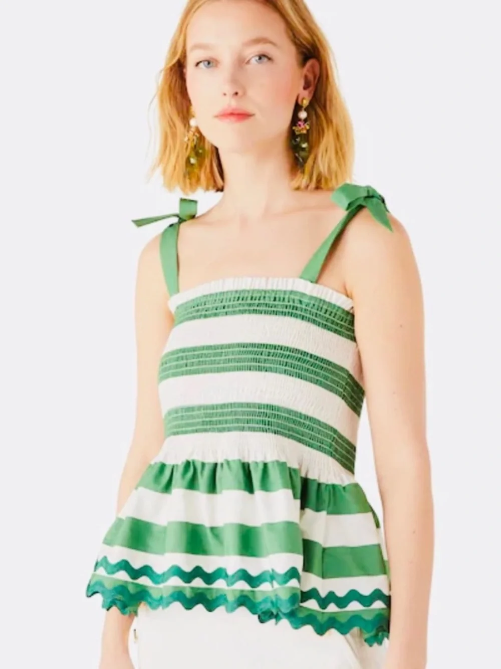 Kate Spade Beach Time Stripe Smocked Top Green Bean Strap Ties Ric Rac Hem